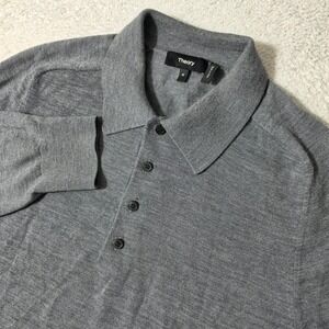 Theory Sweater Mens Med Gray‎ L/S 100% Merino Wool Button Polo Knit N081702R
